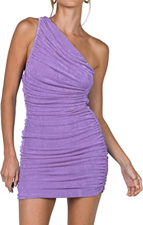 Photo 1 of LYANER Women's Sexy One Shoulder Ruched Sleeveless Bodycon Mini Short Dress PURPLE SMALL