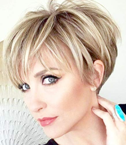 Photo 1 of PHOCAS Pixie Cut Wigs Short Stylish Fluffy Layer Wig None Lace Replacement Wig with Bangs for Women Brown Mix Blonde Wig Short
