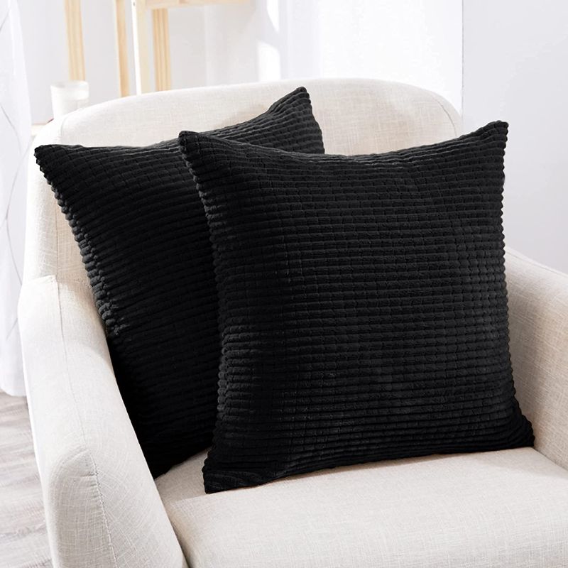 Photo 1 of Deconovo Black Soft Corduroy Pillowcase Covers with Pattern, Set of 2, 20X20 Inch, Solid Throw Pillow Cover Cases for Bedroom Living Room with Stripes
