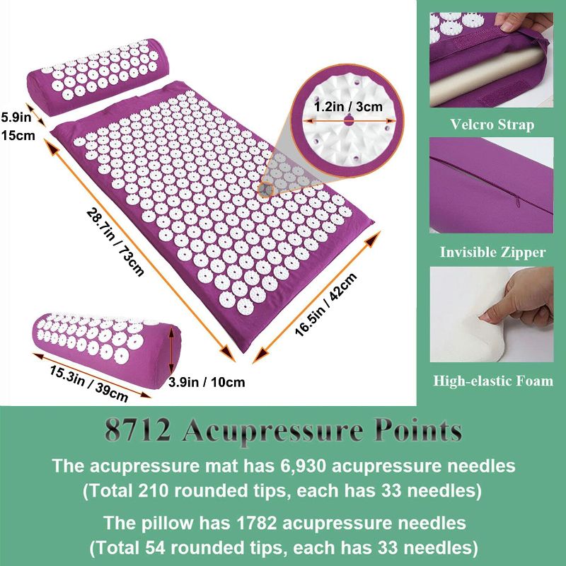 Photo 1 of Acupressure Mat and Pillow Set with Bag - Large Size 28.7 X 16.5 inch Acupuncture Mat for Neck & Back Pain, Muscle Relaxation Stress Relief, Sciatica Pain Relief Pillow (Purple)