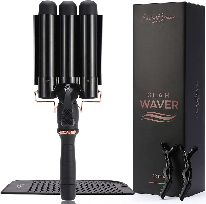 Photo 1 of Large 3 Barrel Curling Iron, Triple Hair Waver & Crimper Wand for Beach Waves, Ceramic Tourmaline with Adjustable Temperature - Glam Waver, Black
