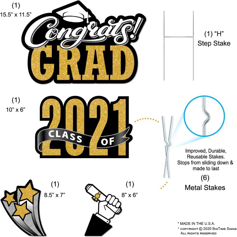 Photo 1 of Bigtime Signs Graduation Yard Signs - 4pc Corrugated Plastic Party Outdoor Decorations - Congrats Grad Greetings, Class of 2021, Stars, Diploma Hand - Waterproof Lawn Decor with Metal Stakes

