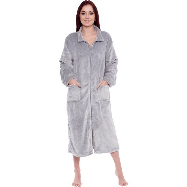 Photo 1 of Silver Lilly Women's Full Length Zip Up Robe - Plush Fleece Long Zipper Housecoat Light Grey XL
