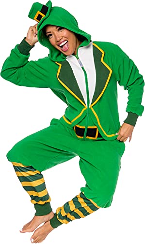 Photo 1 of FUNZIEZ! Womens Leprechaun Costume Slim Fit - Onesie Pajama - Plush One Piece Holiday Jumpsuit (Small) Green
