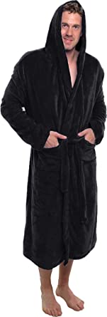 Photo 1 of Ross Michaels Mens Robe with Hood - Soft Warm 320 GSM Mid Length Bathrobe - Plush Shawl Collar Fleece Bath Robes for Men L/XL
