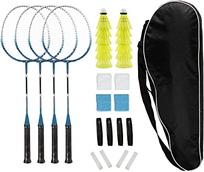 Photo 1 of Badminton Rackets Set of 4 for Backyard Sports Adults Kids Family Racquets Game with 12 Shuttlecocks,4 Replacement Grips,4 Wristbands and Carrying Bag
