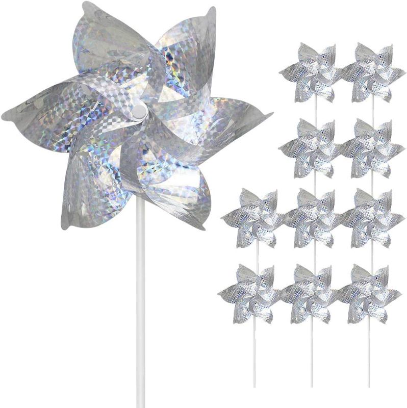 Photo 1 of SUNPRO Reflective Pinwheels,10-Pack Extra Sparkly Pinwheels for Garden Decor, Pinwheels for Kids,Scare Birds Away from Garden Yard Patio Lawn Farm (10 Pack).
