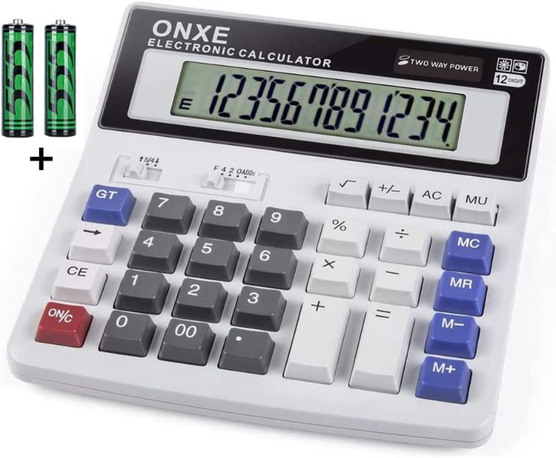Photo 1 of Calculator,ONXE Standard Basic 4 Function Desk Calculator, Dual Power, Big Button 12 Digit Large LCD Display,Desktop Calculators for Office School Financial Accounting Business (White)
