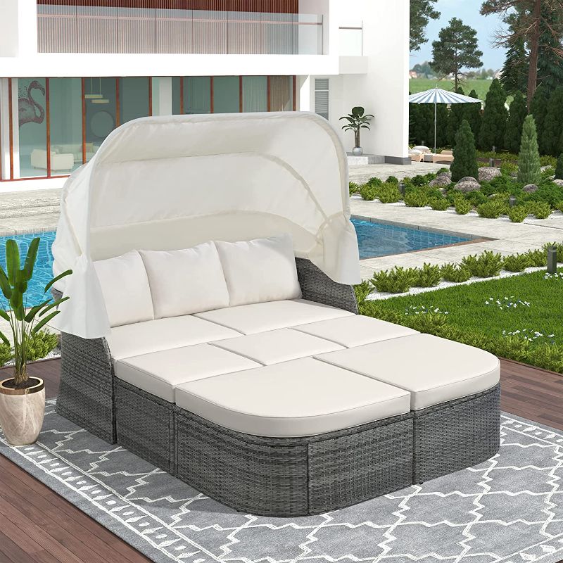 Photo 1 of (Box 2/3) Merax Outdoor Patio Rattan Daybed Sunbed with Retractable Canopy, Sectional Conversation Sofa Set for Backyard and Porch, White