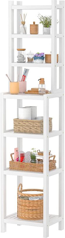 Photo 1 of Homykic Bamboo Bathroom Storage Shelf, 7-Tier Detachable Narrow Shelf Freestanding Towel Rack Wood Corner Stand Organizer for Corner, Bathroom, Living Room, Bedroom, Kitchen, White
