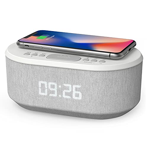 Photo 1 of Bedside Radio Alarm Clock with USB Charger, Bluetooth Speaker, QI Wireless Charging, Dual Alarm Dimmable LED Display (White)
