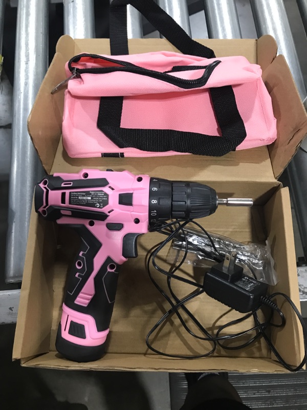 Photo 3 of WORKPRO Pink Cordless Drill Driver Set 12V Electric Screwdriver Driver Tool Kit for Women 3/8 Keyless Chuck Charger and Storage Bag Included - Pin
