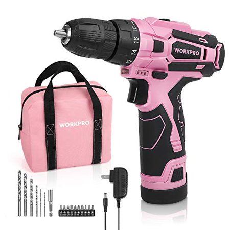 Photo 1 of WORKPRO Pink Cordless Drill Driver Set 12V Electric Screwdriver Driver Tool Kit for Women 3/8 Keyless Chuck Charger and Storage Bag Included - Pin
