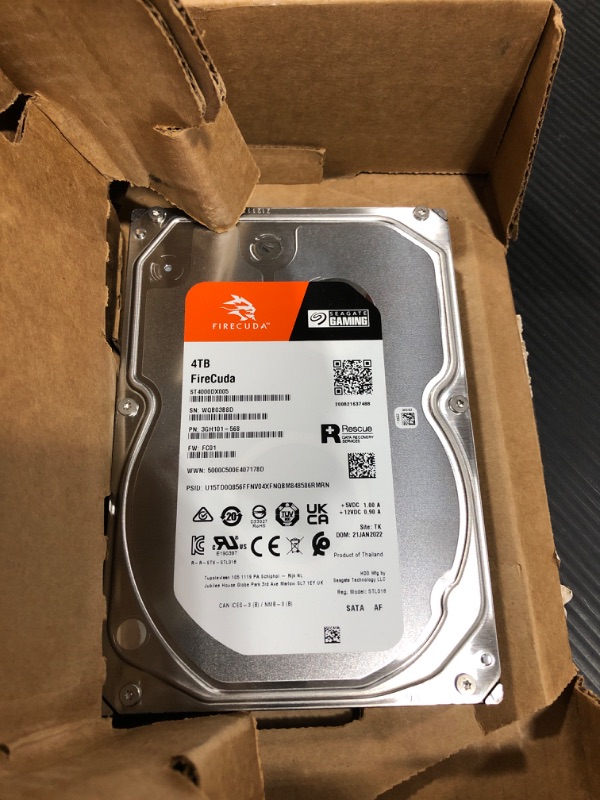 Photo 1 of Seagate FireCuda HDD 4TB Internal Hard Drive HDD - 3.5 Inch CMR SATA 6Gb/s 7200RPM 256MB Cache 300TB/year with Rescue Services (ST4000DX005)
