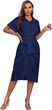 Photo 1 of LYANER Women's Collar Button Down Ruched Self Tie Short Sleeve Midi Dress. Size Med
