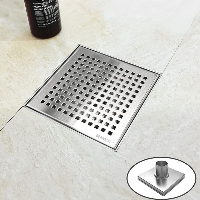 Photo 1 of Bernkot 6" Square Shower Drain Brushed 304 Stainless Steel Drain Cover Removable with Hair Strainer Thread Adapter for Bathroom Remodel
