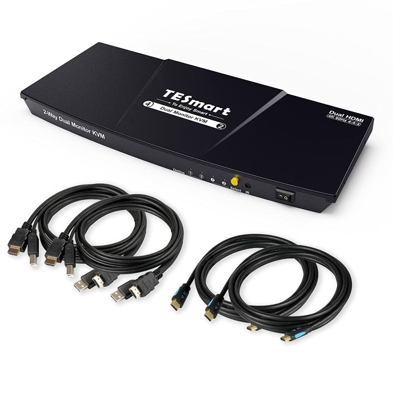 Photo 1 of TESmart HDMI KVM Switch 2 Port Dual Monitor Extended Display, UHD 4K@60Hz RGB 4:4:4, USB Hub, Audio, Hotkey, Button Switching, PC Monitor Keyboard Mouse Switcher for 2 Computers 2 Monitors with Cables
