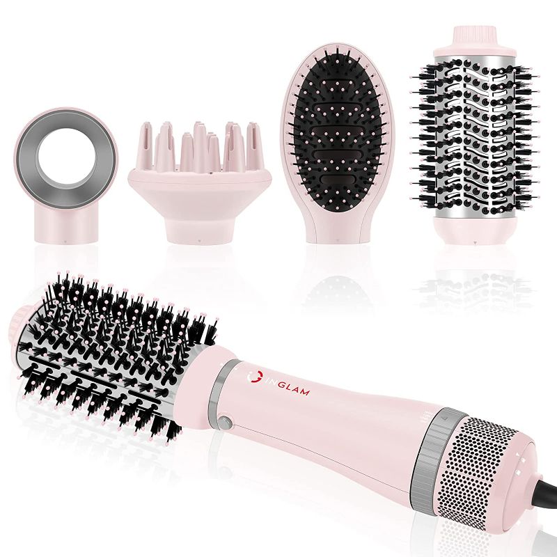 Photo 1 of Hair Dryer Brush Set, IG INGLAM 4 in 1 Blowout Brush, Negative Ion Detachable Hair Dryer & Styler Volumizer Hot Air Hair Dryer Brush with 2 Styling Brush Heads, Pink
