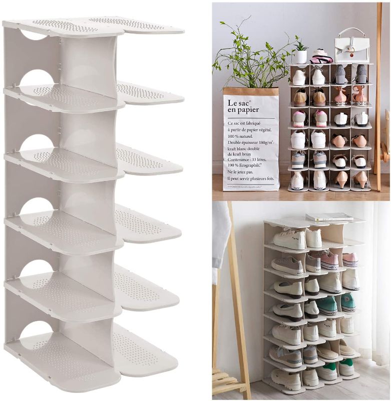 Photo 1 of ACPOP 6-Tier Shoe Rack Storage Organizer, Adjustable Shoe Shelf, Free-Standing Space Saving Shoes Storage Stand for Entryway, Hallway, Closet, White
