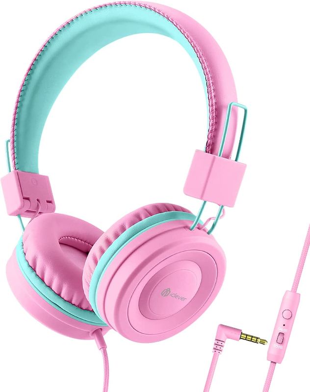 Photo 1 of iClever Kids Headphones with Microphone for School - 85dB/94dB Volume Control, Wired Headphones for Kids Girls Boys, Adjustable Foldable On-Ear Headphones for Online Learning/iPad/Tablet/Travel, Pink
