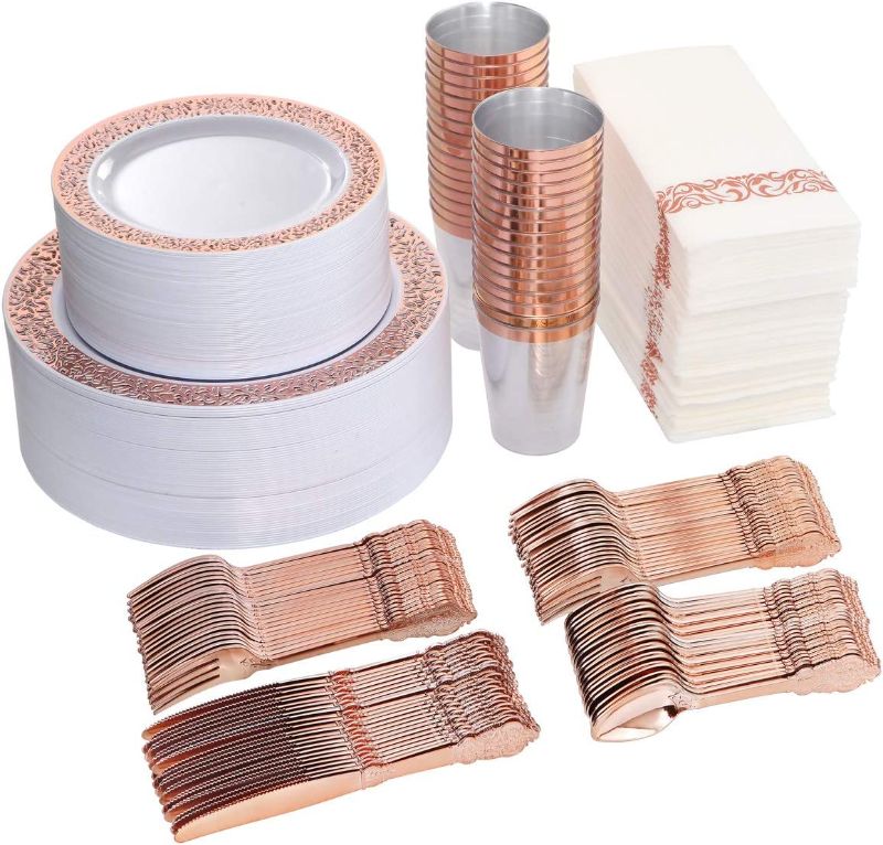 Photo 1 of  350 Pieces Set Includes: 100 Rose Gold Plastic Plates,150 Rose Gold Silverware-50 Forks, Knives and Spoons Each, 50 Disposable Cups and Napkins Each for Wedding & Party
