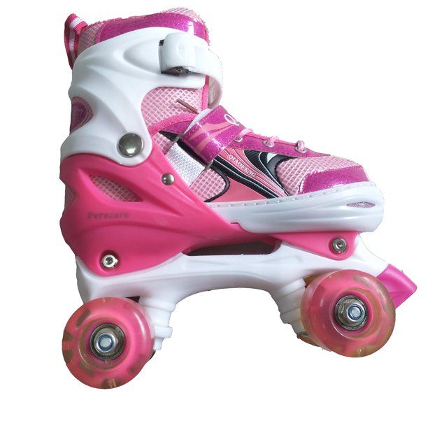 Photo 1 of Perzcare Roller Skates for Girls Boys Kids, 4 Sizes Adjustable Kids Roller Skates with Light up Wheels and Shining Upper Design, Size 13C to 6Y in Kids Shoes SIZE SMALL COLOR BLACK, not pink 
