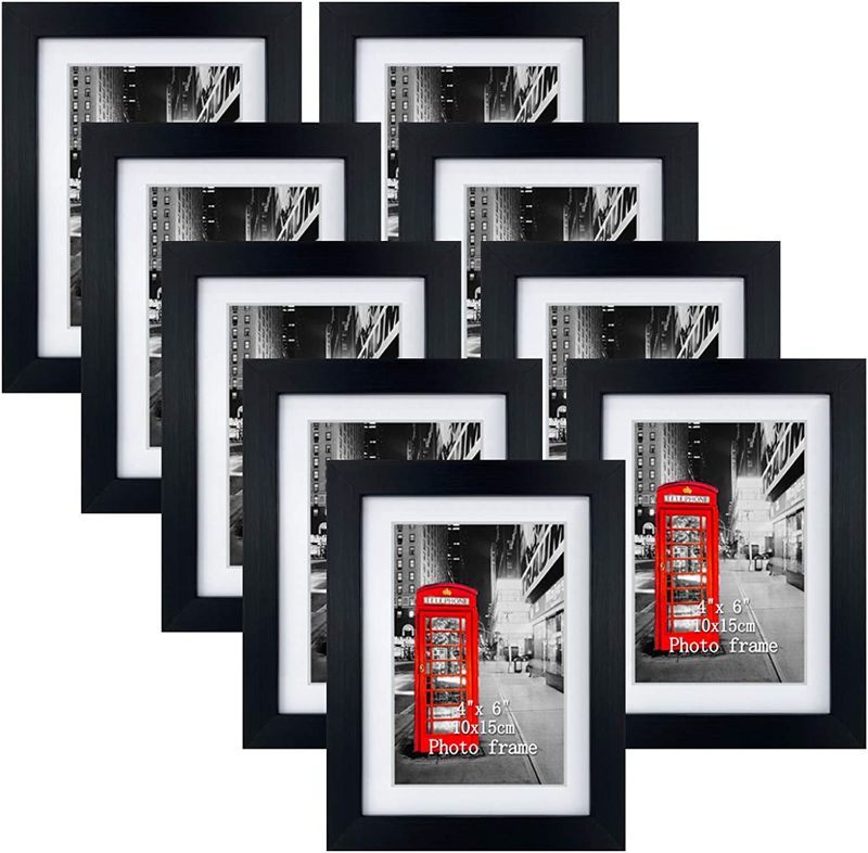 Photo 1 of 5x7 Picture Frame Set of 9, Black Frames for Photos 4x6 with Mat or 5x7 without Mat, Table Top and Wall Mounting Decor
