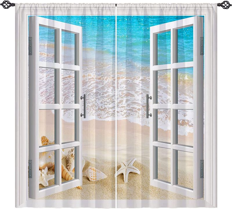 Photo 1 of ANHOPE Beach Blackout Curtains, Open Window with Tropical Sea Shell Starfish Conch Scenery Scene Print Pattern, Rod Pocket Room Darkening Window Drapes for Bedroom Living Room 2 Panels 27.5 x 63 Inch
