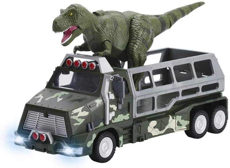 Photo 1 of Dinosaur Toys Die-cast Transporter Jungle Truck and 9 Inch Tall Tyrannosaurs Rex Dinosaur Toy - Growls and Moves as The Dino Truck Rolls, Lights Up - Toy Dinosaur Play Set for Boys and Girls
