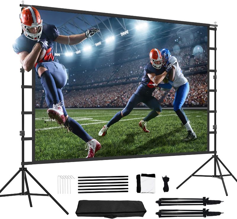 Photo 1 of Projector Screen with Stand,150inch Indoor Outdoor Movie Projection Screen 4K HD 16: 9 Wrinkle-Free Design for Backyard Movie Night(Easy to Clean, 1.1Gain, 160° Viewing Angle & A Carry Bag)
