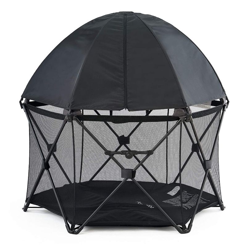Photo 1 of Pamo Babe 6-Panel Portable Playard BabyPlay Pen with Carrying Case and Washable Full Canopy (Black)
