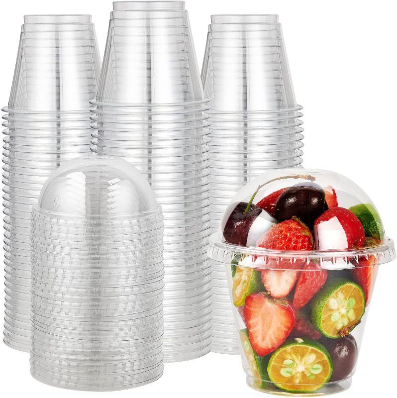 Photo 1 of [200 PACK] 9oz Clear Plastic Cups With Dome Lids, Crystal PET Dessert Cups, Cold Party Cups for Cupcake/ Ice Cream/ Latte/ Cold drinks
