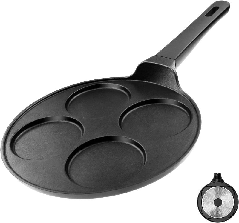 Photo 1 of Cainfy Pancake Pan Nonstick-Suitable for All Stovetops & Induction Cooker, 10.5 Inch Mini Silver Dollar Grill Blini Griddle Crepe Pan, 4 Molds Cake Egg Skillet, 100% PFOA Free Coating
