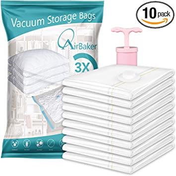 Photo 1 of AirBaker 10 Pack (Large) Vacuum Storage Bags, Space Saver Sealer Bags for Clothes Comforters Blankets Pillows with Travel Hand Pump
