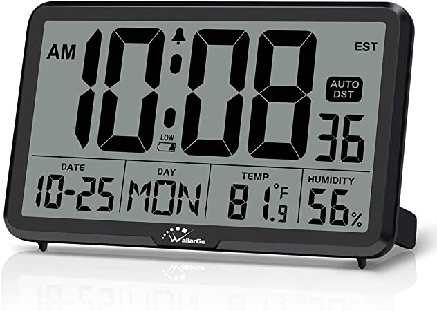 Photo 1 of WallarGe Auto Set Digital Wall Clock Battery Operated,Desk Clocks with Temperature,Humidity and Date,Large Display Digital Calendar Alarm Clock for Elderly,Bedroom,Office,8 Time Zone, Auto DST.
