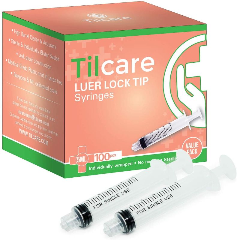 Photo 1 of 5ml Syringe Without Needle Luer Lock 100 Pack by Tilcare - Sterile Plastic Medicine Droppers for Children, Pets or Adults – Latex-Free Oral Medication Dispenser - Syringes for Glue and Epoxy
