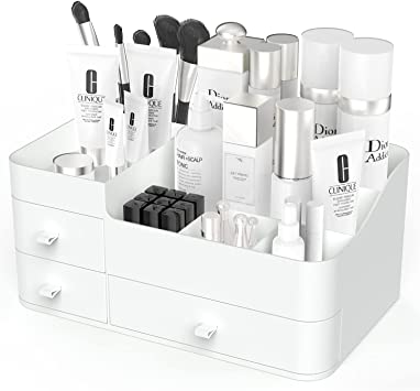 Photo 1 of Makeup Organizer Storage with Drawers, Cosmetic Display Case for Brushes, Lotions, Perfumes, Eyeshadow, Nail Polish Ideal for Bathroom, Dresser, Countertop (White)
