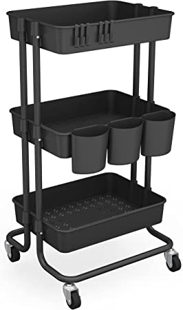 Photo 1 of CAXXA 3-Tier Rolling Storage Organizer with 3 Small Baskets - Mobile Utility Cart with Caster Wheels (Black)
