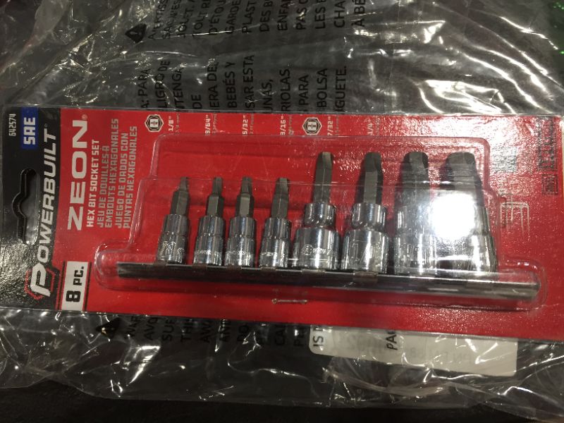 Photo 1 of Powerbuilt 240093 8 Piece Zeon SAE Hex Bit Socket Set - with use for Damaged Fasteners, Standard, Rusted, Rounded Bolts,Size from 1/8" to 3/8"

