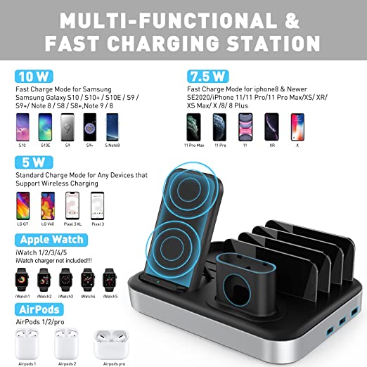 Photo 1 of seenda Wireless Charging Station for Multiple Devices - 6 in 1 USB Charging Dock Built-in AC Adapter with 10W Max Wireless Charger Stand and 5 USB Ports for iPhone, iPad, Android, Apple Watch, AirPods
