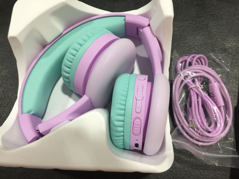 Photo 2 of BIGGERFIVE Kids Wireless Bluetooth Headphones with 7 Colorful LED Lights, 50H Playtime, Microphone, 85dB/94dB Volume Limited, Foldable On Ear Kids Headphones for School/Girls/iPad/Fire Tablet, Purple
