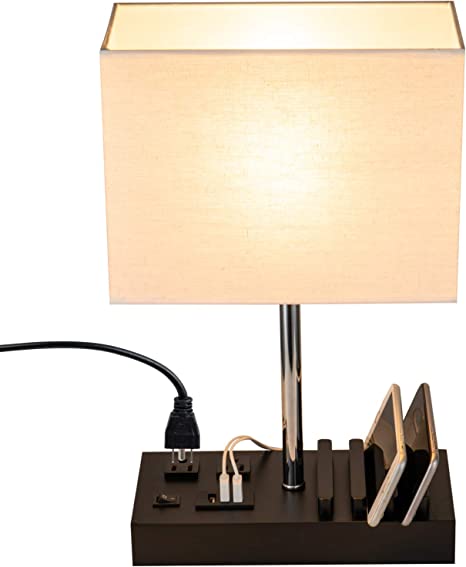 Photo 1 of Briever USB Table Lamp, Multi-Functional Bedside Desk Lamp with 2 AC Outlets, 3 USB Charging Ports and Wooden Phone Stand Organizer, Ideal Nightstand Lamp for Bedroom, Guest Room, Office
