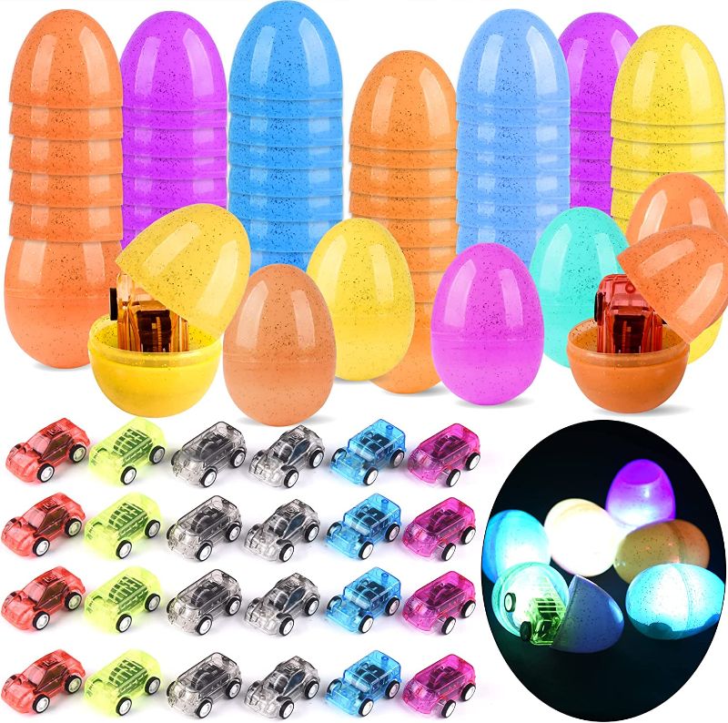Photo 1 of 24PCS Easter Eggs Filled with Pull-Back Toy Cars - Glow in The Dark Easter Eggs , lastic Egg for Easter Basket Stuffers, Kids Birthday Party Favors, Basket Stuffers Fillers, Goodie Bag Fillers

