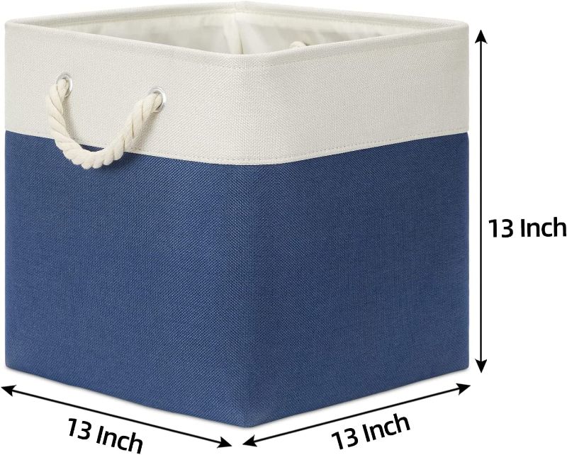 Photo 1 of Bidtakay Storage Basket Cube Fabric Basket for Organizing Shelves Dog Toys 13x13x13 Inch Square Storage Bin Large Linen Closet Organizers for Cabinet House Closet Bathroom Nursery (White&Blue)
