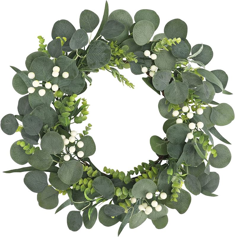 Photo 1 of CEWOR Eucalyptus Wreath, Summer Wreaths for Front Door, Spring Outdoor Wreaths for Wedding Festival Celebration, Farmhouse Home, Porch Window Wall Party Decoration
