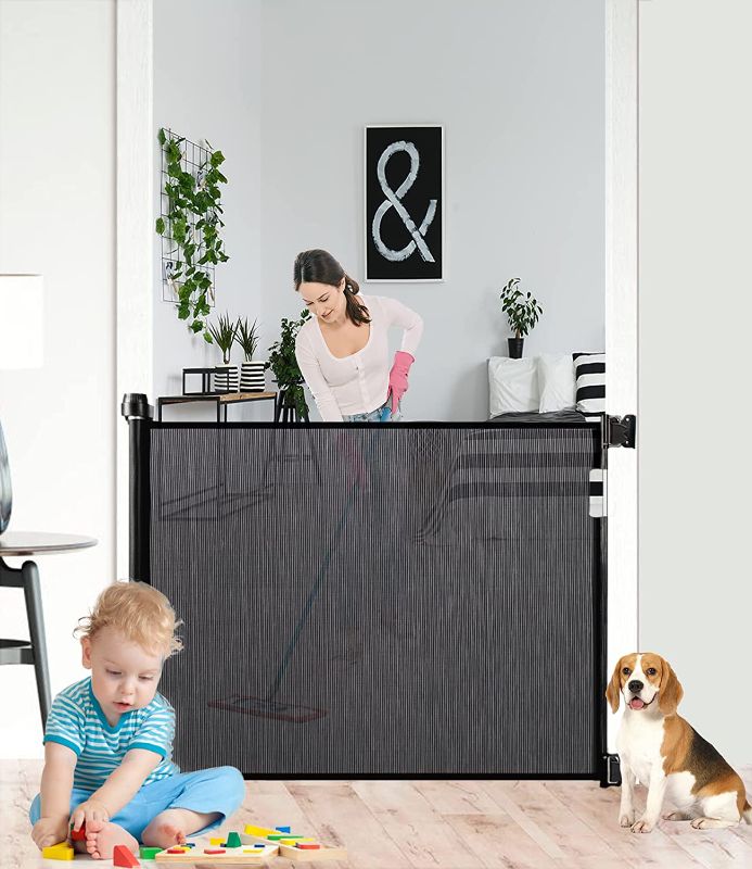 Photo 1 of Retractable Baby Gates, Pet Gate Mesh, Baby Gate for Stairs Doorways Hallways, Mesh Gates for Kids or Pets Indoor/Outdoor , 33" Tall, Extends Up to 55" Wide,Black
