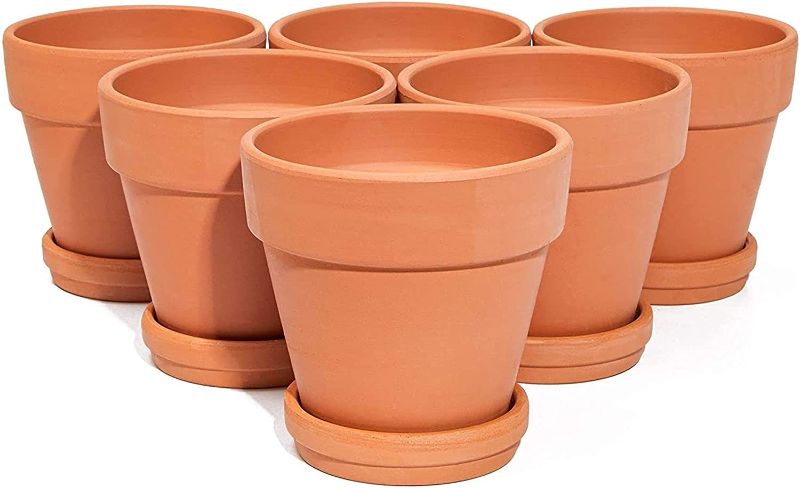 Photo 1 of 6 Pack Small Terracotta Pots with Round Saucers for Succulents, Plants, Flowers (4 in)
