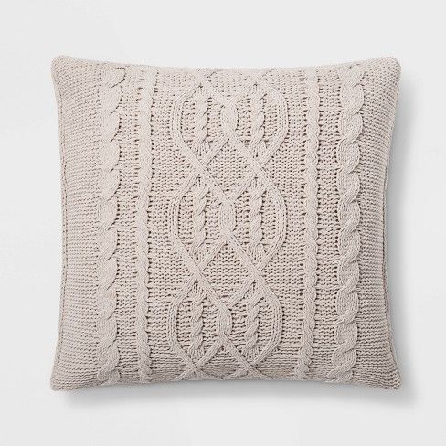 Photo 1 of BOX OF 2 Oversized Cable Knit Chenille Square Throw Pillow, Neutral - Threshold