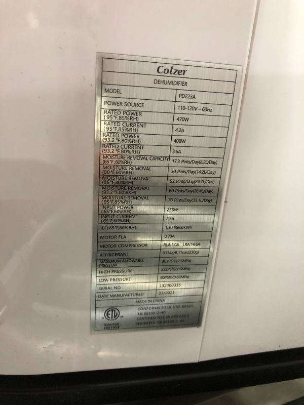 Photo 5 of 70 Pint 4,500 Sq Ft Mutiple-modes Dehumidifier for Basements | COLZER PD223A