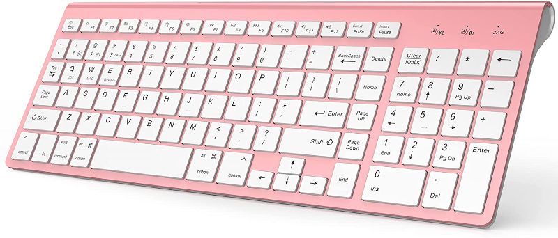 Photo 1 of Bluetooth Keyboard, Pink Wireless Keyboard with Number Pad, J JOYACCESS Dual Mode Slim Keyboard Connects Up to 3 Devices for iMac/Mac,MacBook, iPad,Laptop,Android,Windows
